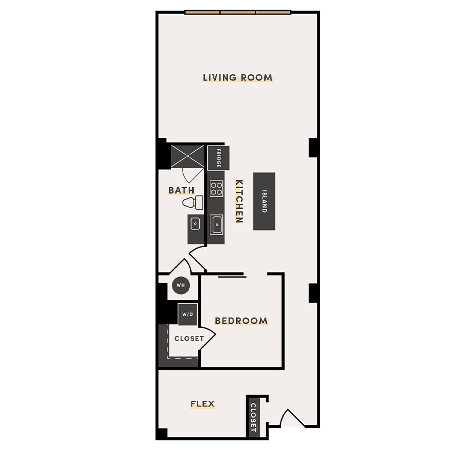 Rendering of the 1 Bed +A - FLEX floor plan with 1 bedroom[s] and 1 bathroom[s] at The Victor
