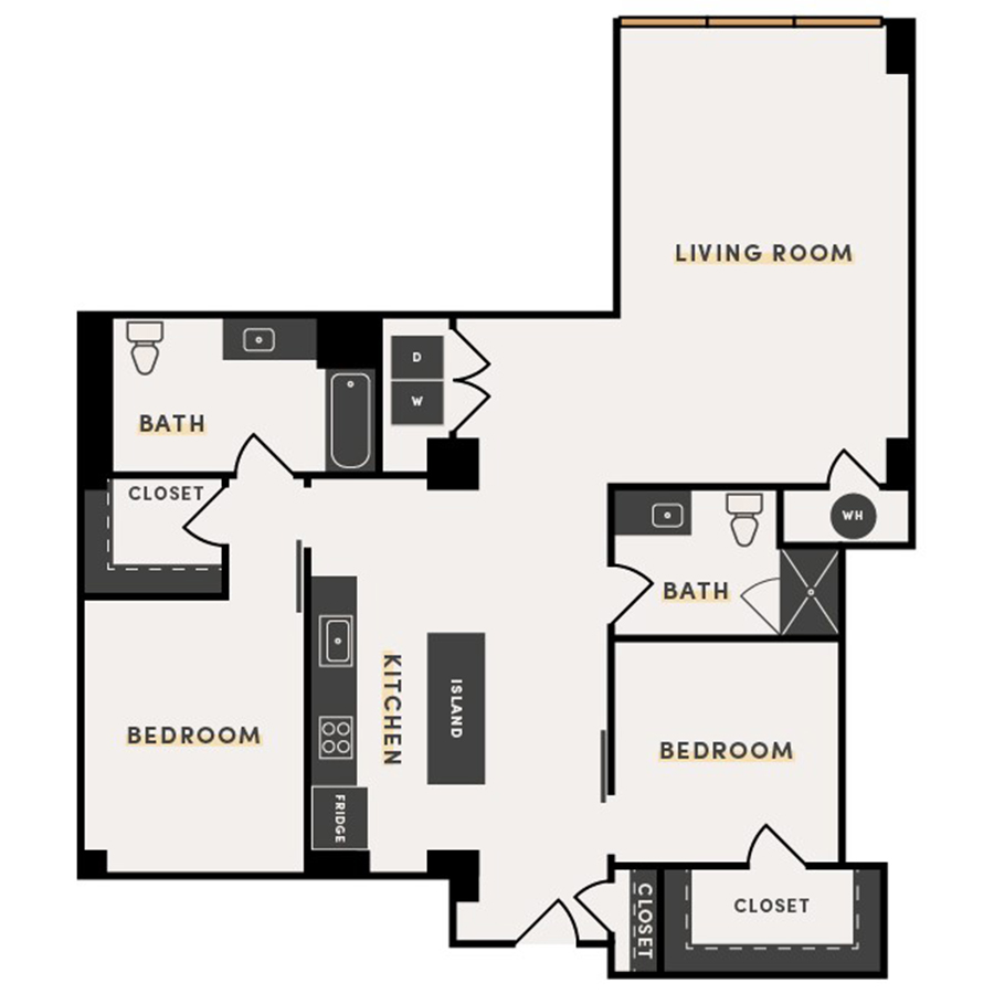 Rendering of the 2 Bed J (Alt 1) floor plan with 2 bedroom[s] and 2 bathroom[s] at The Victor