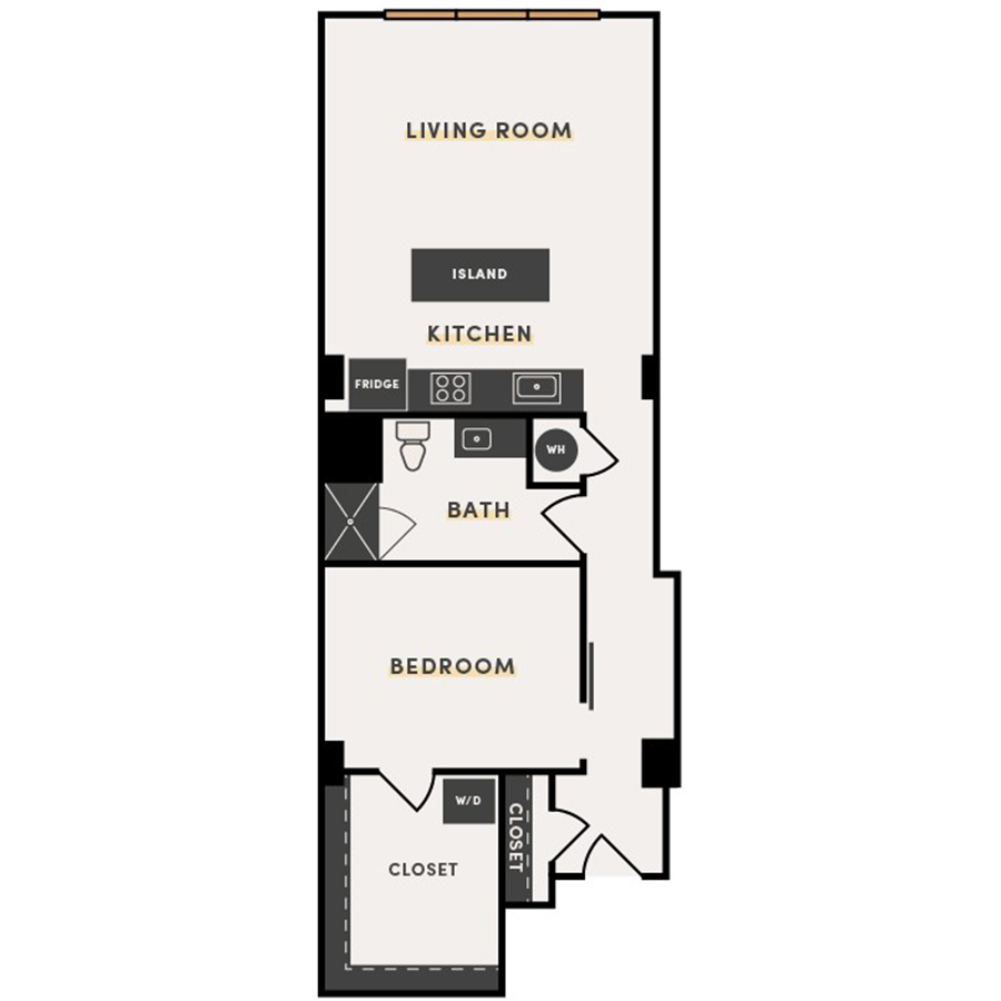 Rendering of the 1 Bed K floor plan with 1 bedroom[s] and 1 bathroom[s] at The Victor