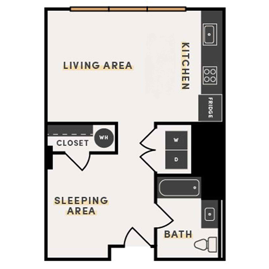 Rendering of the Studio C floor plan with a Studio bedroom and 1 bathroom[s] at The Victor