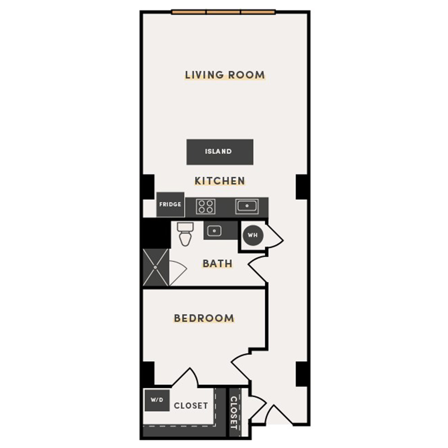 Rendering of the 1 Bed E floor plan with 1 bedroom[s] and 1 bathroom[s] at The Victor