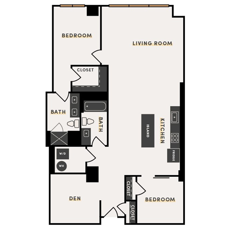 Rendering of the 2 Bed C floor plan with 2 bedroom[s] and 2 bathroom[s] at The Victor
