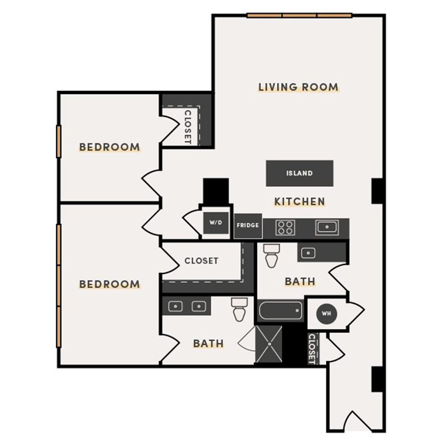 Rendering of the 2 Bed G floor plan with 2 bedroom[s] and 2 bathroom[s] at The Victor
