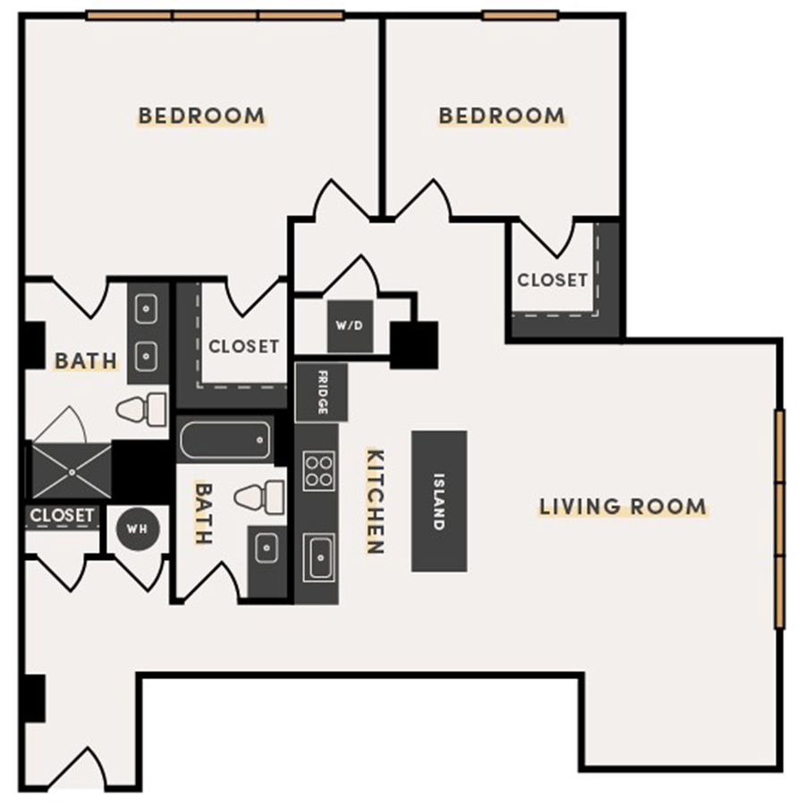 Rendering of the 2 Bed F floor plan with 2 bedroom[s] and 2 bathroom[s] at The Victor