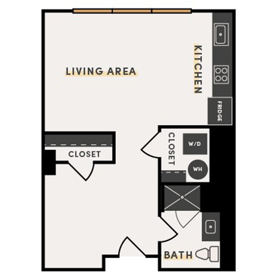 Rendering of the Studio A floor plan with a Studio bedroom and 1 bathroom[s] at The Victor