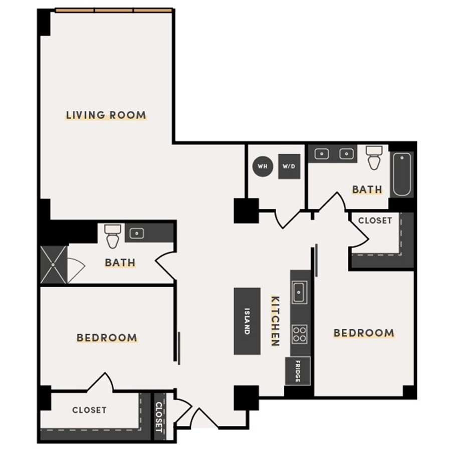 Rendering of the 2 Bed B floor plan with 2 bedroom[s] and 2 bathroom[s] at The Victor