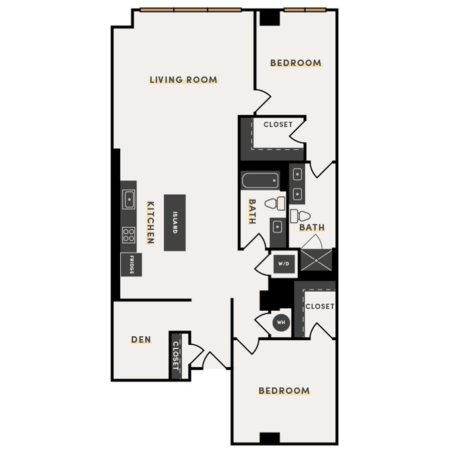 Rendering of the 2 Bed A 3-7 floor plan with 2 bedroom[s] and 2 bathroom[s] at The Victor