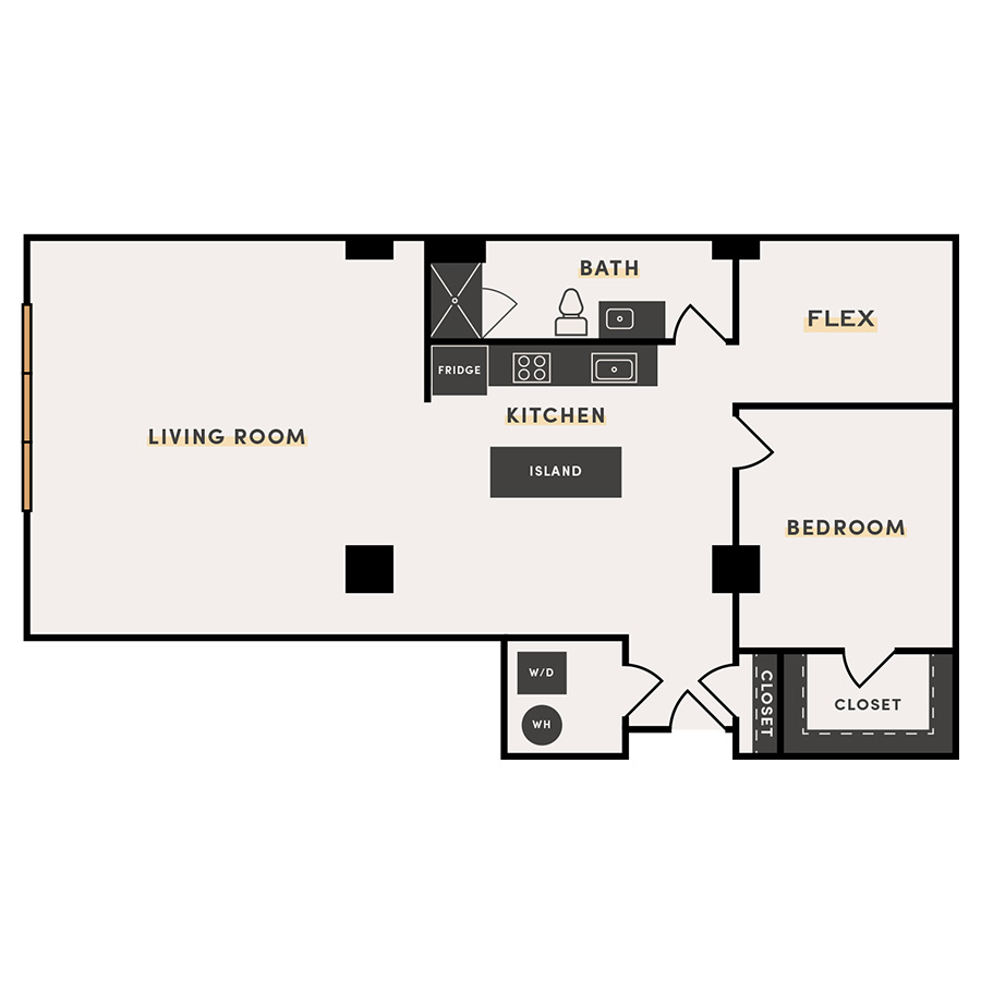 Rendering of the 1 Bed +B floor plan with 1 bedroom[s] and 1 bathroom[s] at The Victor